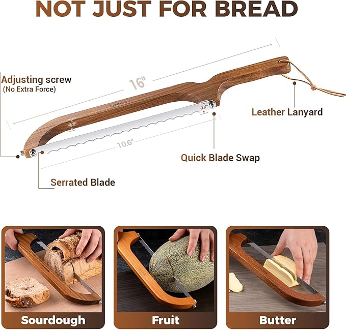 Sourdough bread knife,Bread slicer for homemade bread,Adjustable blade tightness for Even Slicing, Serrated knife,Wooden bread cutter with Bow Design (1, brown)