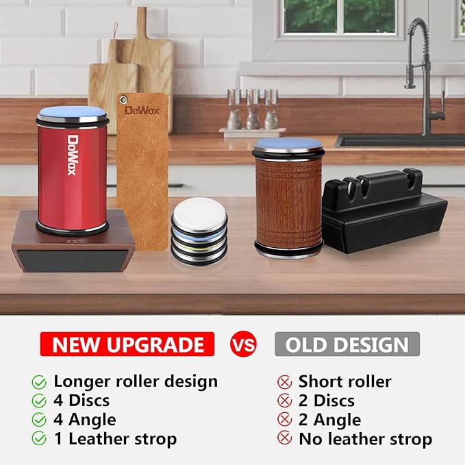 Knife Sharpener,Longer Rolling Knife Sharpener Kit,Diamond & Ceramic Knife Sharpening System with Leather Strop,4 Angle Guide, Replaceable Discs for All Kitchen Knives
