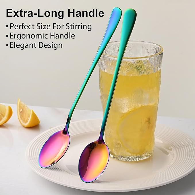 7.5 Inches Rainbow Stainless Steel Ice Tea Spoon,Set Of 8 Long Handle Coffee Stirring Spoons,Multicolored Sundae Spoons,Colorful Cocktail Mixing Spoon - Image 4