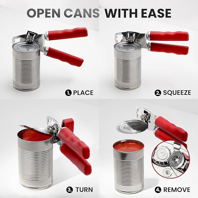 Zulay Kitchen Heavy Duty Stainless Steel Can Opener Manual with Bottle Opener - Rust Proof Manual Can Opener With Turn Knob & Comfy Soft Grip Handles - Cherry Red - Image 6