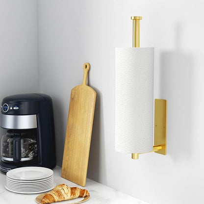 Paper Towel Holder - Self-Adhesive or Drilling, Gold, Wall Mounted, SUS304 Stainless Steel Kitchen Roll Dispenser Under Cabinet - Image 2