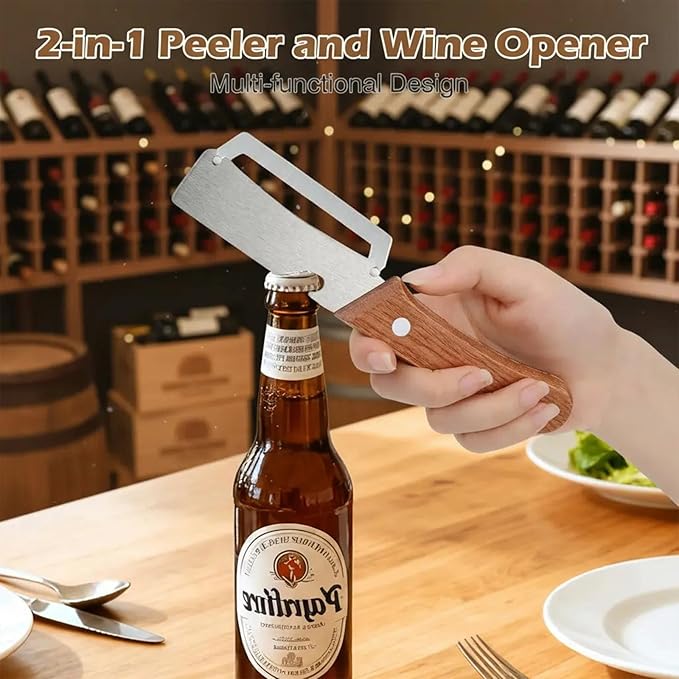 Roselli Wooden-Handled Stainless Steel Shredder and Peeler, Multifunctional Vegetable Peelers for Kitchen, Stainless Steel Peeler Knife with Wooden Handle & Bottle Opener (Shredder/Paring knife)