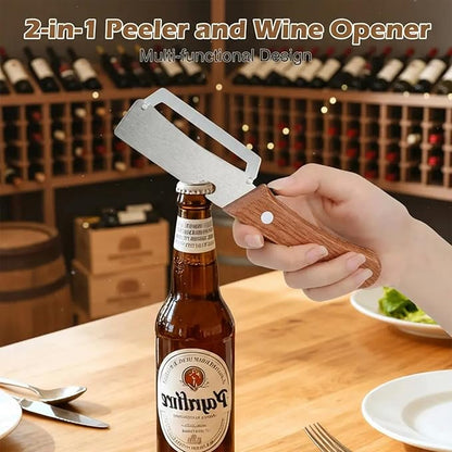 Roselli Wooden-Handled Stainless Steel Shredder and Peeler, Multifunctional Vegetable Peelers for Kitchen, Stainless Steel Peeler Knife with Wooden Handle & Bottle Opener (Paring knife*1)