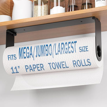 Paper Towel Holder Under Cabinet, Wall Mount Paper Towels Holder for Kitchen Under Counter, Self Adhesive and Drilling, Heavy-Duty Hanging Paper Towel Roll Holder Inside Cabinet Door, Black