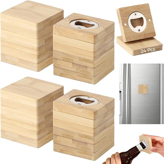 24Pcs Bamboo Bottle Opener,2.6 x 0.5" Wooden Bottle Openers Blanks Bulk,Square Custom Bottle Openers with Blank DIY, Adsorbent Refrigerator Sticker Presents for Parties, Weddings, Bars