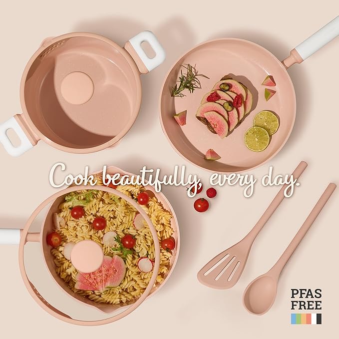 CAROTE Pots and Pans Set Nonstick, Ceramic Cookware Set, Pink Cooking Set Kitchen Induction Set with Steamer, PFAS PTFE Free,9 Piece - Image 7