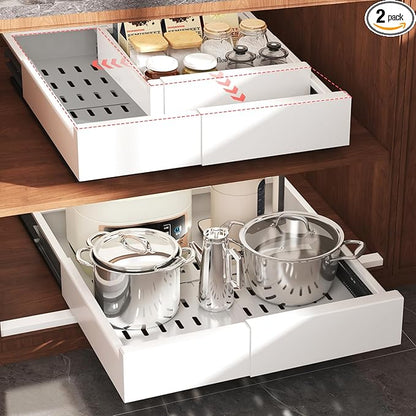 Seinloes 2 Pack Pull Out Cabinet Organizer Expandable Width(11"-16") and Depth(13"-17"),Slide Out Drawers With Raising Pad for Framed Cabinets,No Drill Roll Out Shelves for kitchen,Bathroom,White by Seinloes