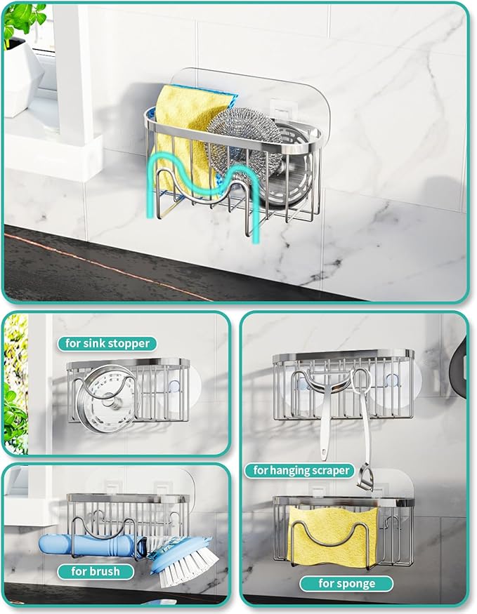 HapiRm Multifunctional Adhesive Kitchen Sink Organizer with M-Shaped, 2 Installation Methods Kitchen Sponge Holder, Rustproof Sponge Caddy for Brush, Sink Stopper and Scraper -Silver - Image 2