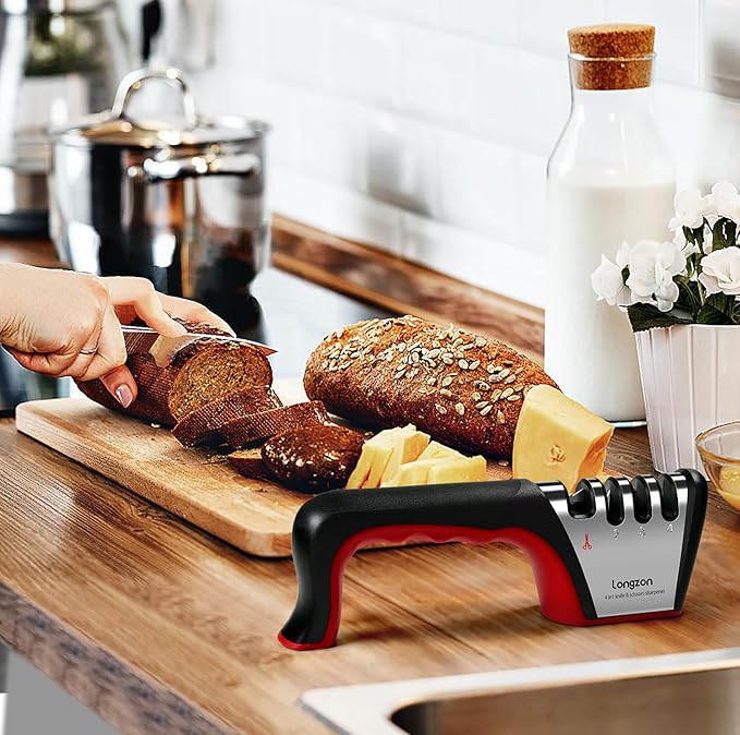 Longzon 5-in-1 Knife Sharpener 4 Stage with Cut-Resistant Glove, Quickly Sharpens & Restores Dull Blades, Easy & Safe for Home Kitchen Use, Fits Most Knives and Scissors, Black+Red - Image 9