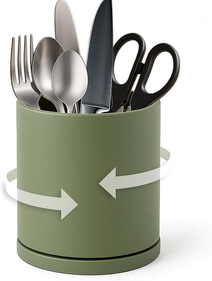D'vine Dev 360° Rotating Utensil Holder – 5" Kitchen Utensil Crock for Countertop, Modern Cooking Tool Organizer for Kitchen Storage & Décor, Olive, 72-X-C-1