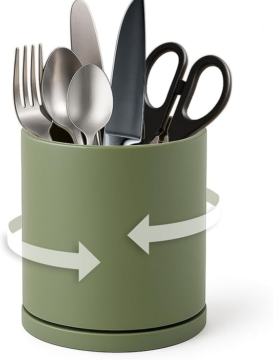 D'vine Dev 360° Rotating Utensil Holder – 5" Kitchen Utensil Crock for Countertop, Modern Cooking Tool Organizer for Kitchen Storage & Décor, Olive, 72-X-C-1