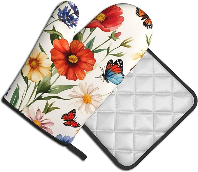 Cute Oven Mitts and Pot Holders Sets Poppy Daisy Flowers Kitchen Gloves Lavender Butterfly Hot Pads 2 Pieces Set Spring Summer Floral Kitchen Decor and Accessories - Image 7