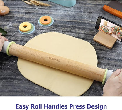 Geesta Adjustable Wood Rolling Pin with 5 Thickness Rings, Precise Dough Roller Handle Press Design with Measurement Guide for Baking Fondant, Pie Crust, Cookie, Pastry - Baking Essential - Image 2