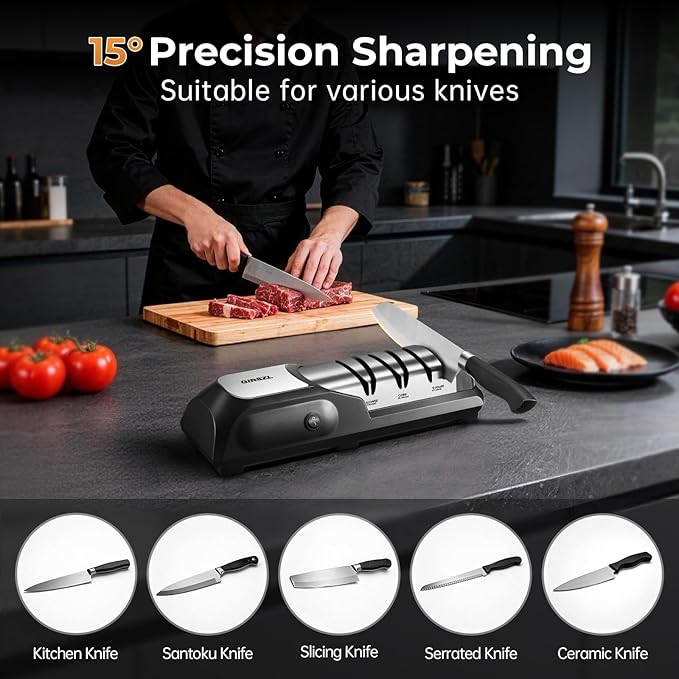 Kitchen Professional Electric Knife Sharpener: 3-Stage 100% Diamond Abrasives Knife Sharpeners with 15° Precision Angle Electric Steel Sharpening Tool to Restore/Polish Chef Knives - Image 6