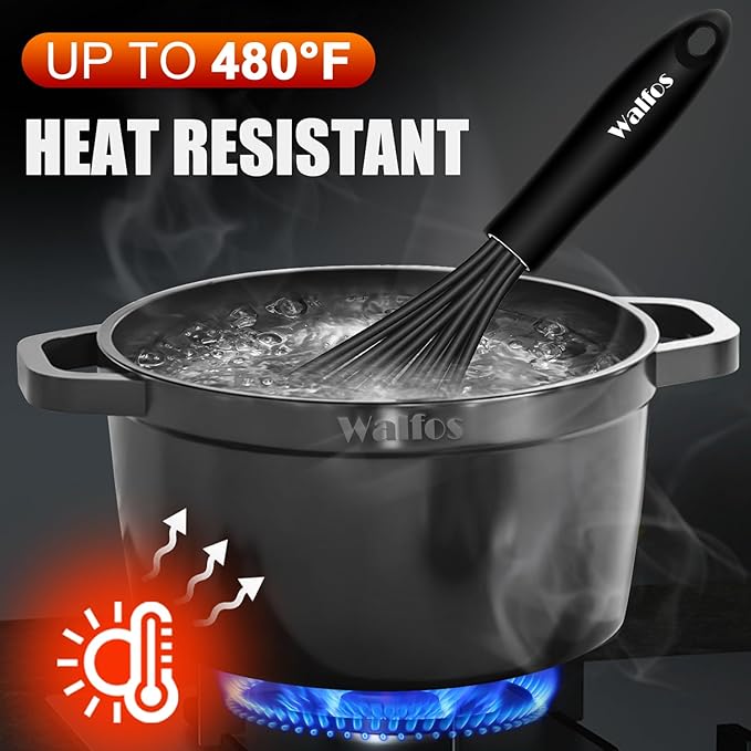 Walfos Silicone Whisk,Stainless Steel Wire Whisk Set of 3 -Heat Resistant 480°F Kitchen Whisks for Non-stick Cookware,Balloon Egg Beater Perfect for Blending,Whisking,Beating,Frothing & Stirring,Black - Image 6