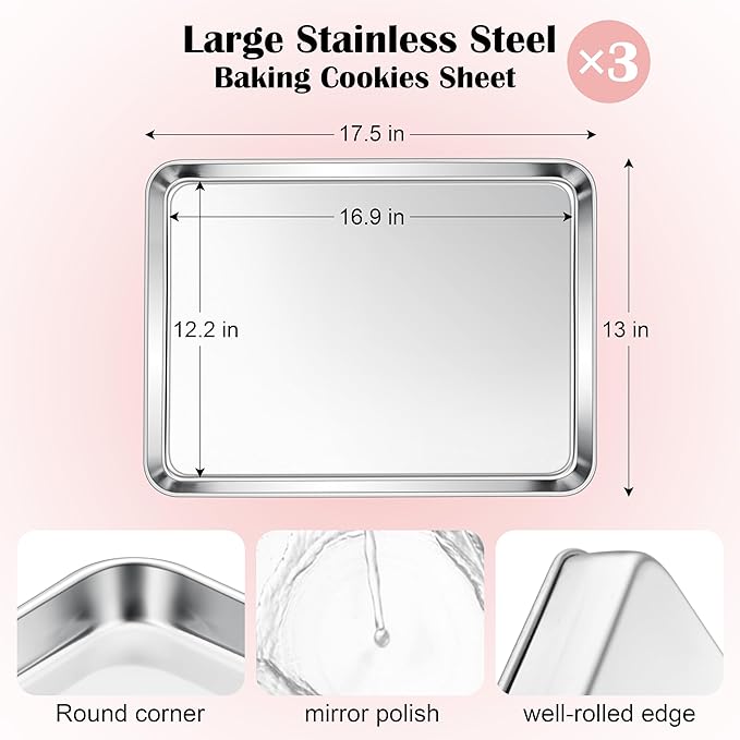 E-far Cookie Sheets Set of 3, 18”x13” Stainless Steel Baking Sheet Pans for Oven, Large Non Toxic Metal Baking Tray for Baking Roasting, Healthy & Rust Free, Mirror Finish & Dishwasher Safe - Image 2