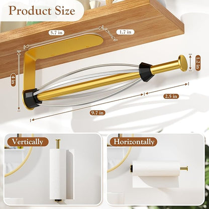 Paper Towel Holder Under Cabinet with 2 Hooks, Paper Towel Holder Wall Mount with Damping Effect, Self-Adhesive or Drilled Paper Roll Holders for Kitchen, Bathroom, RV(Gold) - Image 5