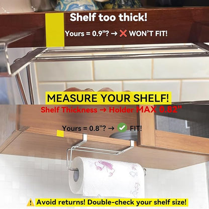 T.R.Sani. Paper Towel Holder Under Cabinet - Hanging Paper Towel Holders, Cabinet Paper Towel Holder, Space-Saving Paper Towel Hanger for Cabinets Under 0.82" - Stainless Steel, Silver, 1 Pack