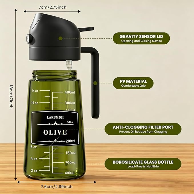 LAKUMIQI 2 in 1 Oil Sprayer for Cooking, 16oz Olive Oil Dispenser Bottle for Kitchen, Food Grade Light-Blocking Glass Spray Bottle for Salad, Air Fryer, BBQ - Image 2