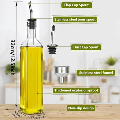 Showvigor Olive Oil Dispenser Bottle, Vinegar Cruet Bottle 17oz/500 ml, Square Tall Glass Oil Container with 2 Stainless Steel Pourers, 4 Labels,1 Brush and 1 Funnel Oil Bottles for Kitchen(2 Set) - Image 2
