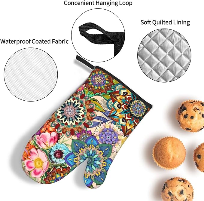 Boho Floral Oven Mitts and Pot Holders Sets, Heat Resistant Colorful Kitchen Gloves Hot Pads, Cute Baker Stuff, Chef Cooking Baking Gifts for Women Bakers, Kitchen Gifts for Cooking Lover Cooks Mom - Image 5