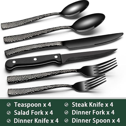EWFEN 24-Piece Black Silverware Set with Steak Knives, Black Flatware Set for 4, Food-Grade Stainless Steel Tableware Cutlery Set, Mirror Finished Utensil Sets for Home Restaurant, Wave Hammered - Image 2