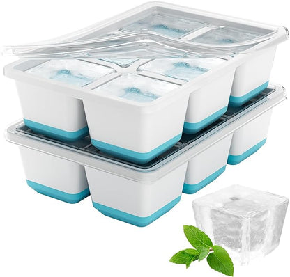 Optish Large Ice Cube Molds, 2 Pack Whiskey Square Ice Molds, 1.8 Inch Big Ice Cube Tray, Stackable Cocktail Ice Tray with Lid, Easy to Release (Blue) by Optish