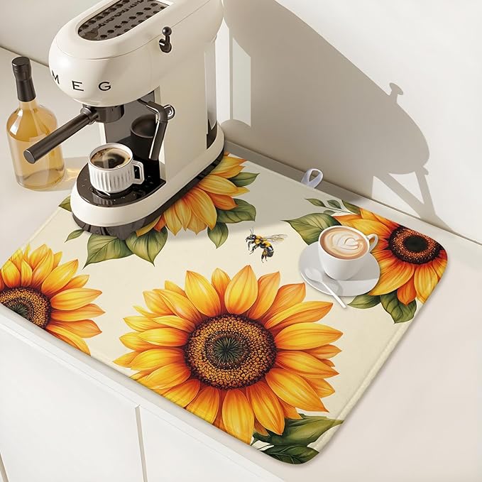 Spring Summer Dish Drying Mat 18x24 Inch Absorbent Reversible Sunflower Drying Mat Sunflower Bee Dish Drying Rack Mat Yellow Summer Themed Dish Drainer Mat for Kitchen Counter Coffee Bar