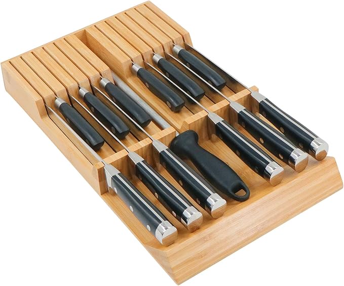 Utoplike in-Drawer Knife Block Bamboo Kitchen Knife Drawer Organizer, Handle Steak Knife Holder Without Knife, Fit for 12 Knives and 1 Sharpening Steel (Knives Not Included) by Utoplike
