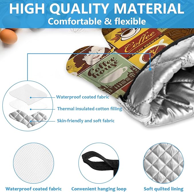 Coffee Theme Oven Mitts and Pot Holders Sets Heat Resistant 4Pcs Potholders Oven Gloves Hot Pads for Kitchen Baking Cooking Grilling BBQ