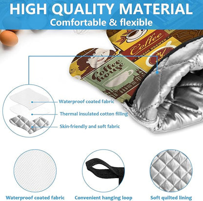 Coffee Theme Oven Mitts and Pot Holders Sets Heat Resistant 4Pcs Potholders Oven Gloves Hot Pads for Kitchen Baking Cooking Grilling BBQ