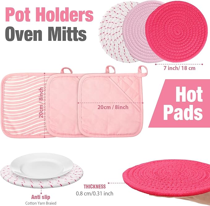 Sumind Pink Oven Mitts and Pot Holders 7 Sets, Heat Resistant Kitchen Gloves Pads Potholders for Mother Women Gifts Pot Holders Kitchen Accessories Gift(Pink White,Rubber Cotton,Stripes) - Image 3