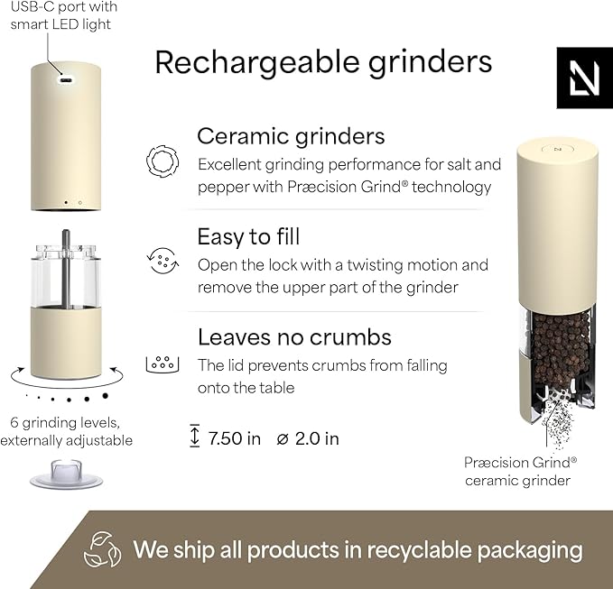 LARS NYSØM Electric Salt and Pepper Grinder Set I Automatic Salt and Pepper Mills with Adjustable Ceramic Grinder I USB Rechargeable Electric Spice Mill Set with LED Light (Almond Beige) - Image 4