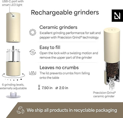 LARS NYSØM Electric Salt and Pepper Grinder Set I Automatic Salt and Pepper Mills with Adjustable Ceramic Grinder I USB Rechargeable Electric Spice Mill Set with LED Light (Almond Beige) - Image 4