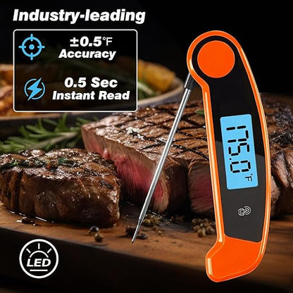 Meat Thermometer Digital Waterproof Instant Read Thermometer for Cooking ℃/℉ Convertible, Food Thermometer with Backlight, Cooking Thermometer for Kitchen Auto-Rotating Display Orange