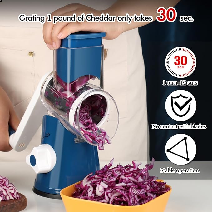 Ourokhome Rotary Cheese Grater Hand Crank, Kitchen Shredder Speed Mandolin Slicer Ice Shaver with Handle and Drum Blades for Cheese, Vegetable, Nuts, Chocolate, Potato, Carrot, 5 Blades, Dark Blue - Image 6