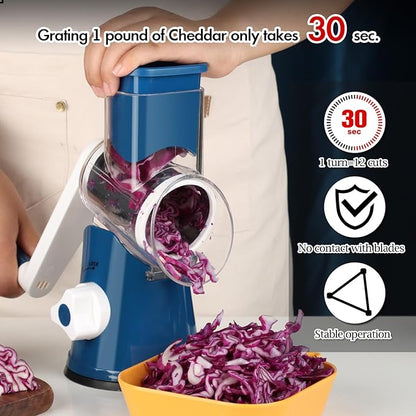 Ourokhome Rotary Cheese Grater Hand Crank, Kitchen Shredder Speed Mandolin Slicer Ice Shaver with Handle and Drum Blades for Cheese, Vegetable, Nuts, Chocolate, Potato, Carrot, 5 Blades, Dark Blue - Image 6