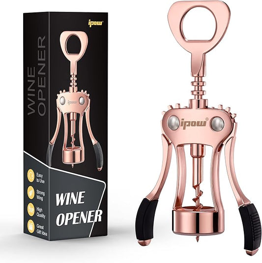 IPOW Wine Opener, Zinc Alloy Wine Bottle Opener, Wing Corkscrew Heavy Duty, Manual Multifunctional Cork Screw for Waiter,Rose Gold by IPOW