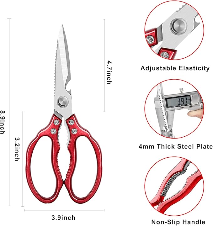 AWinjoy Heavy Duty Sharp Kitchen Scissors, Dishwasher Safe, Cooking Shears for Meat, Chicken, Fish, Poultry, Herb, Bread (Red) - Image 5