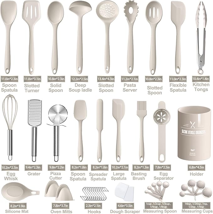 Silicone Kitchen cooking Utensils Set, AIKKIL 43 Pcs Heat Resistant Khaki Cooking Utensils Set, Turner, Tongs, Spoon, Spatula, Kitchen Gadgets Tools Set For Nonstick Cookware(Dishwasher, BPA Free) - Image 2