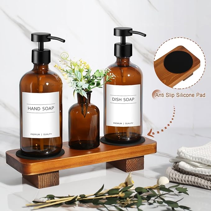 KASUNTING Amber Glass Soap Dispenser with Upgraded Flat Pump, Dish Soap Dispenser for Kitchen, Hand Soap Dispenser for Bathroom, Decorative Vase & Wood Riser Bathroom Decor(Amber02) - Image 4