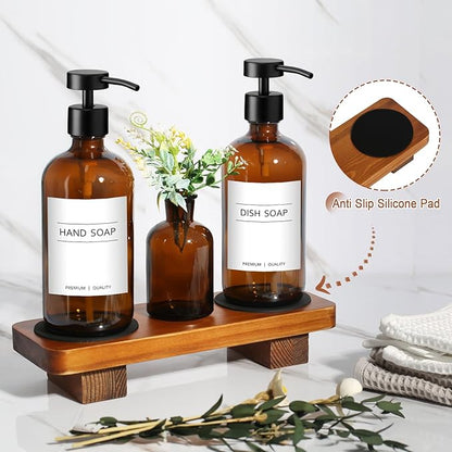 KASUNTING Amber Glass Soap Dispenser with Upgraded Flat Pump, Dish Soap Dispenser for Kitchen, Hand Soap Dispenser for Bathroom, Decorative Vase & Wood Riser Bathroom Decor(Amber02) - Image 4