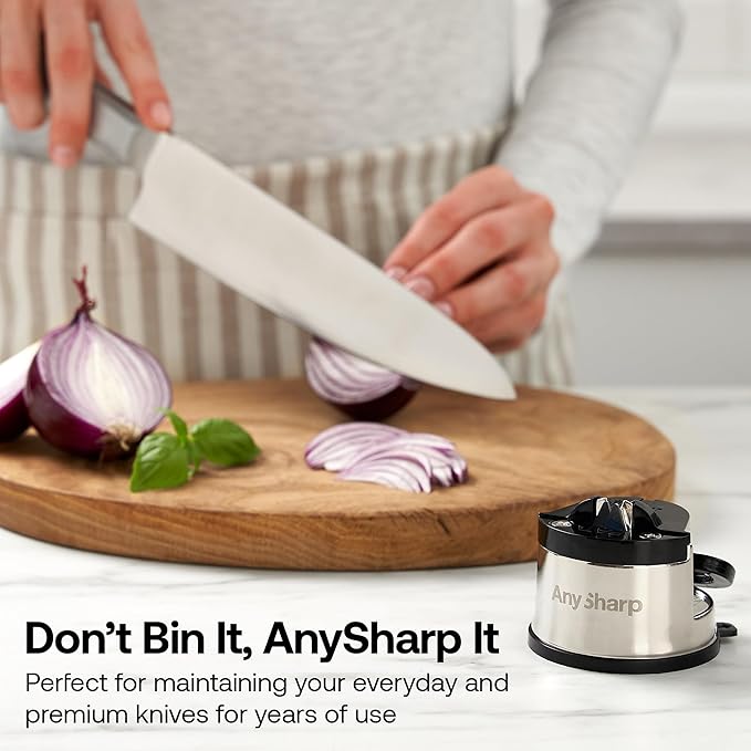 AnySharp – GLOBAL – Hands Free Knife Sharpener - Easy to Use Sharpening Tool with PowerGrip Suction Base and 20-Degree Pre-set Angle - For All Knives: Chef’s, Serrated, and Hardened Steel - Silver - Image 10