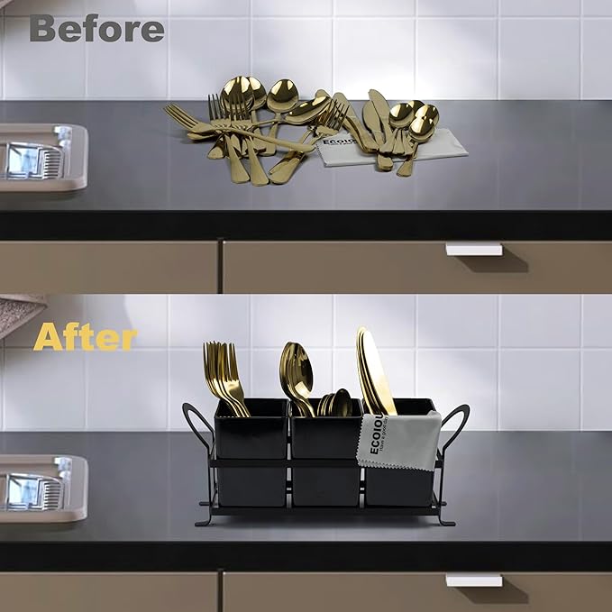 ECOIOU Cutlery Holder with Drain Holes, Dishwasher Safe Silverware Caddy for Party, Kitchen Counter, 3pcs Bins Set Countertop Utensil Holder for Spoons, Forks and Knives, Black - Image 7