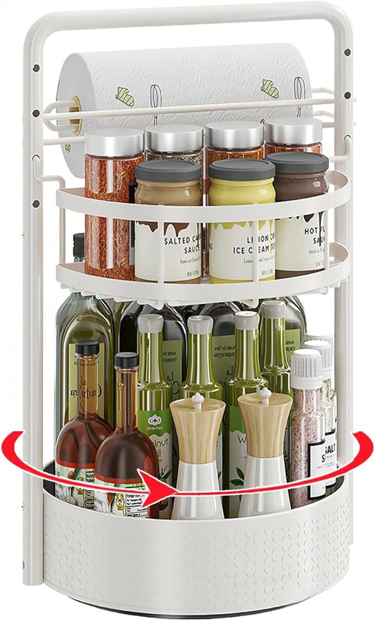 Rotating Spice Rack with Paper Towel Holder, 2 Tier Turntable Lazy Susan, Seasoning Organizer for Kitchen Countertop Cabinet, White by CLOKTA