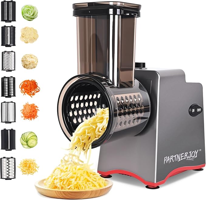 Electric Cheese Grater, 250W Electric Professional Salad Maker & Vegetable Slicer Shredder, 7-in-1 Electric Food Graters Machine with Widened Feeding Port for Block Cheese, Vegetables & Fruits by PARTNERJOY