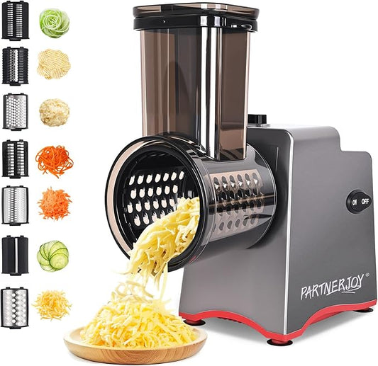 Electric Cheese Grater, 250W Electric Professional Salad Maker & Vegetable Slicer Shredder, 7-in-1 Electric Food Graters Machine with Widened Feeding Port for Block Cheese, Vegetables & Fruits by PARTNERJOY
