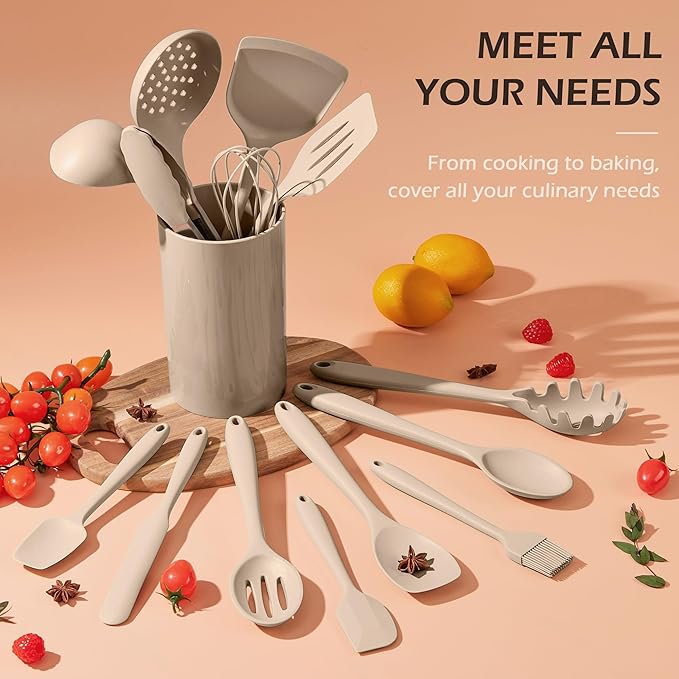 15-Piece Kitchen Cooking Utensils Set with Holder, Homikit Heat Resistant Food Grade Silicone Kitchen Utensils include Slotted Spatula Ladle Turner for Nonstick Cookware, Dishwasher Safe- Khaki - Image 7