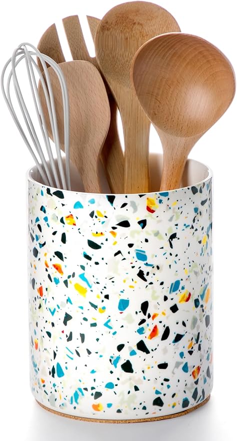 Nucookery Utensil Holder, 6.4" Ceramic Kitchen Utensil Holder for Countertop with Protection Cork Bottom, Vintage Farmhouse Kitchen Decor for Counter, Gift (Marble Pattern) by Nucookery