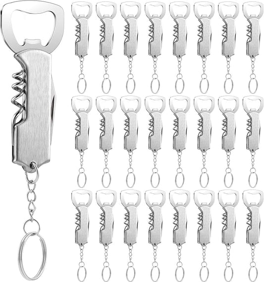 Ziliny 24 Pcs Bottle Opener Keychain Bulk Wine Bottle Beer Opener Keychain 3.27" Stainless Steel Corkscrew Waiter Corkscrew Wine Keyring Gifts for Christmas Bar Party Wedding Home (Silver)